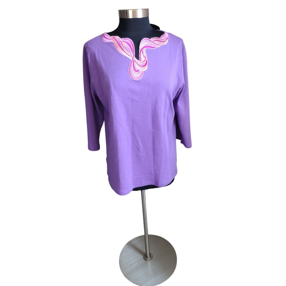 Bob Mackie Wearable Art Vintage 90s Boho Embroidered Purple Cotton Top Medium